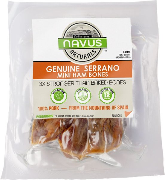 Navus Naturals Genuine Serrano Mini Ham Bone Dog Treats， 3 count