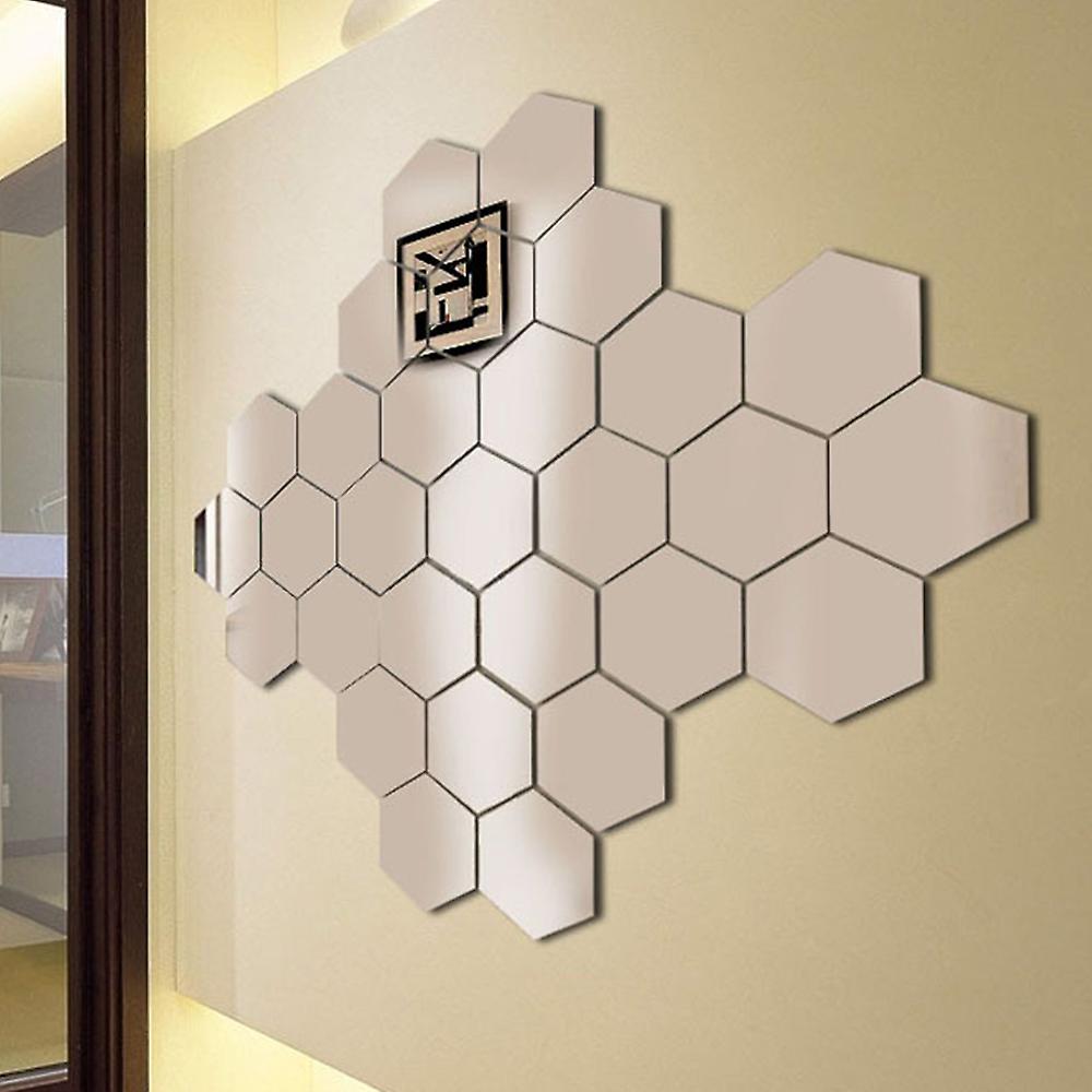 Silver M 12 Piece 3d Hexagon Acrylic Mirror Wall Stickers Diy Art Decoration Mural Stickers Home Decor Living Room Mirror Sticker Decorative Silver Me