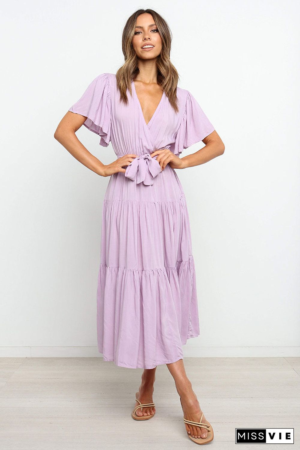 V Neck Tie Waist Short Sleeve Maxi Dress