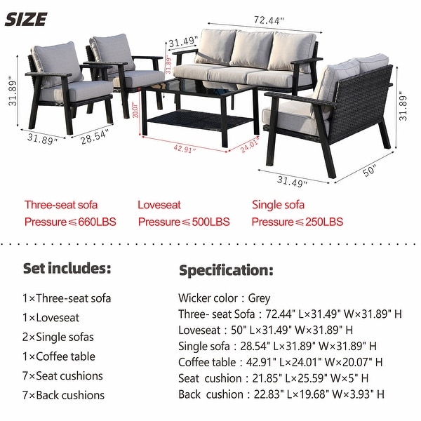 OVIOS 5piece Outdoor Steel Frame Ottoman Wicker Solid Pattern Cushion Sectional Set Glass Top Table