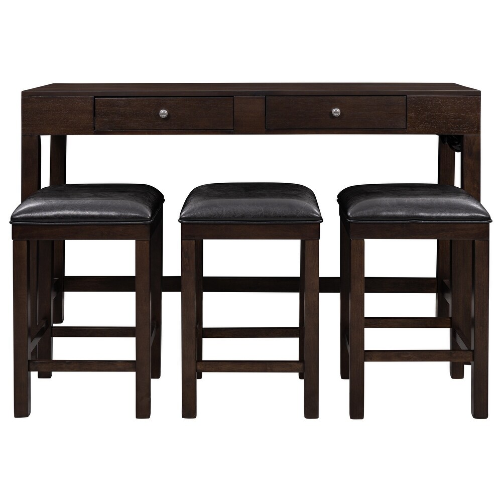 4 Piece Dining Table Set with Socket   Leather Padded Stools  Brown