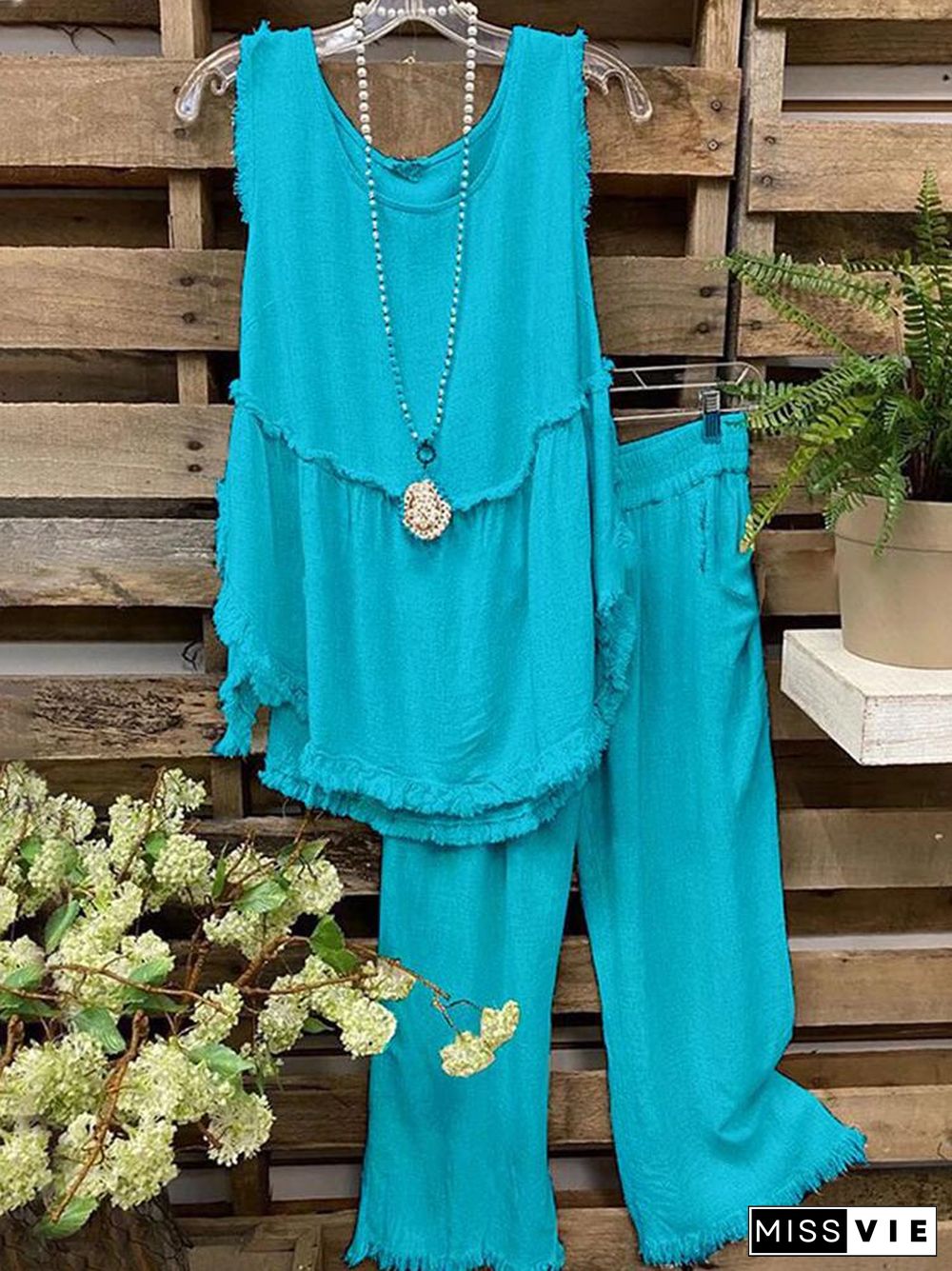 Tassel Sleeveless Top Straight Pants Two-Piece Set