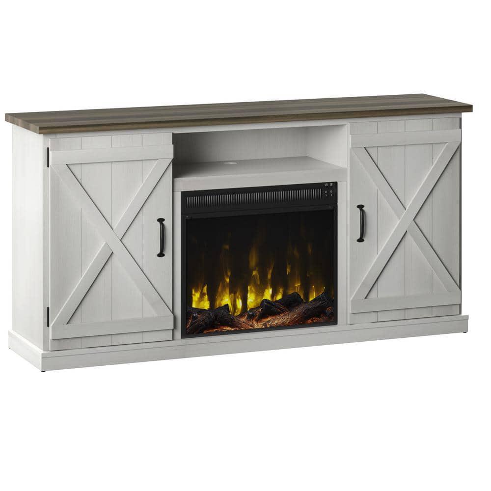 Twin Star Home 6338 in Freestanding Wooden Electric Fireplace TV Stand in Old Wood White