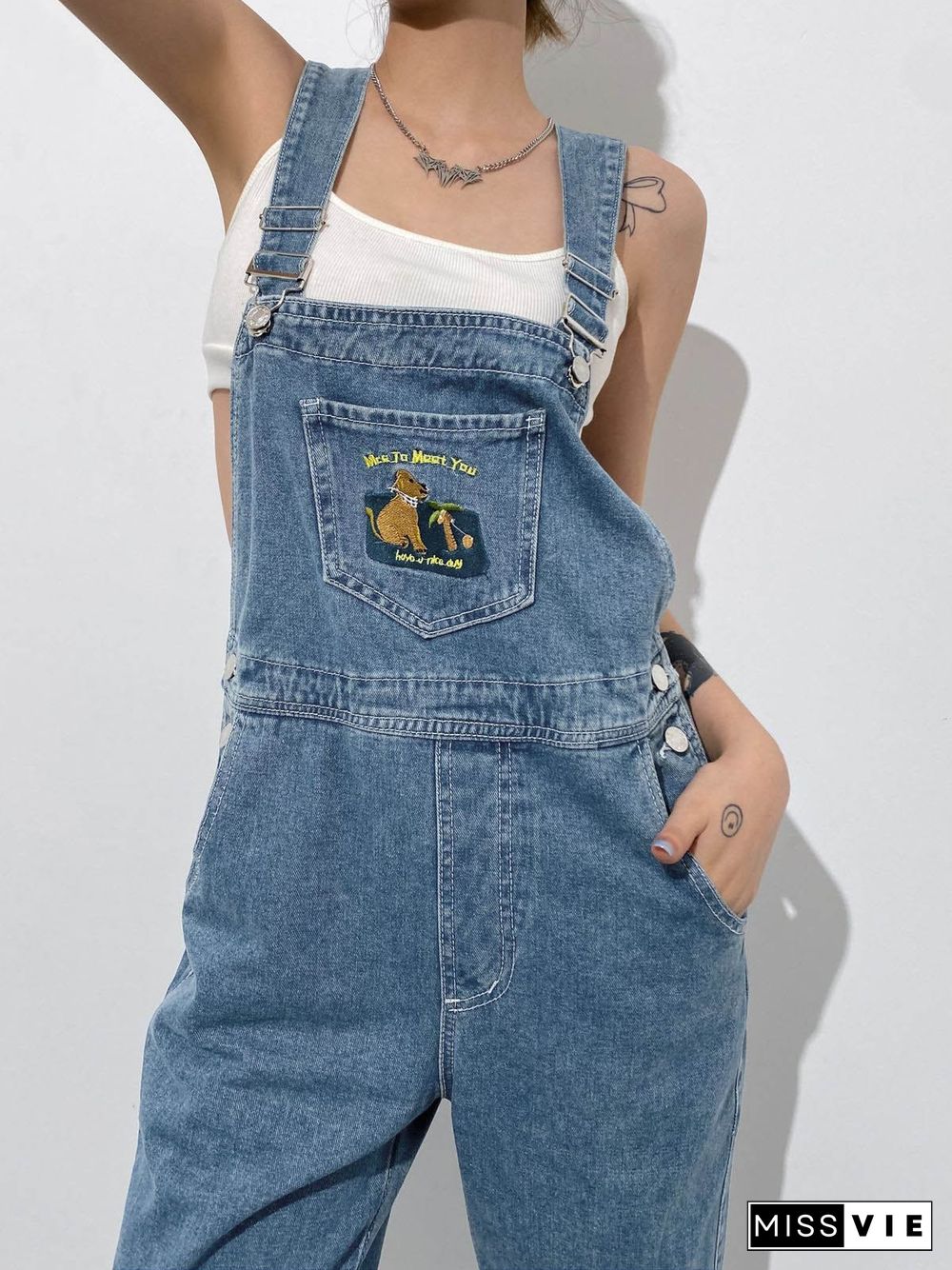 Embroidered Pocket Denim Overalls Jeans