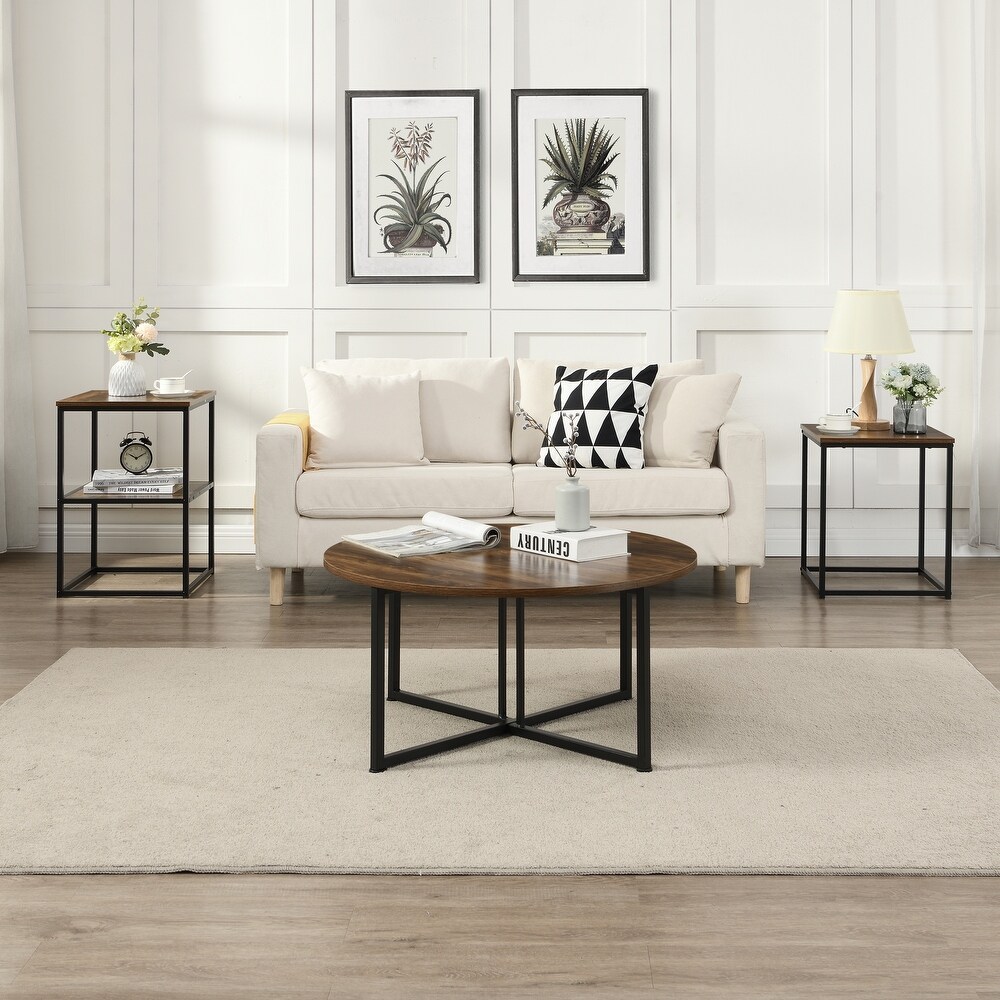 Myhozm 3 piece Round Coffee and Side Table Set with Open Shelves