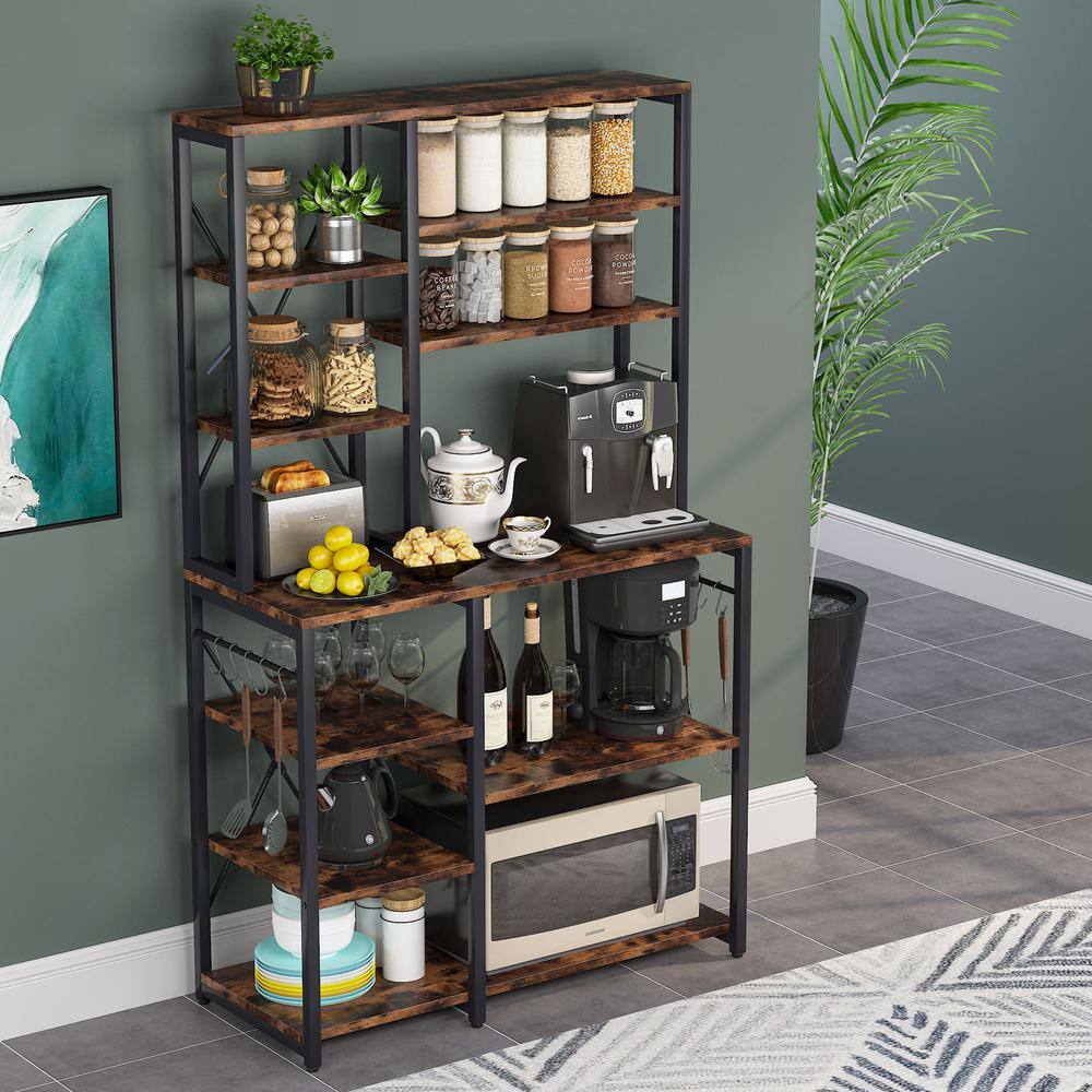 TRIBESIGNS WAY TO ORIGIN Bachel Modern Brown and Black Kitchen Baker's Rack with Open Shelves and Hanging Hooks HD-SF0103B