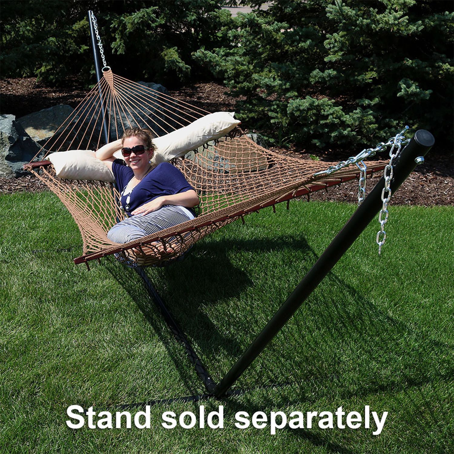 Sunnydaze 2-Person Polyester Patio Spreader Bar Rope Hammock with Pillow