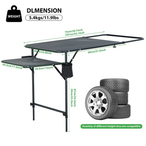 Vehicle Tire Camping Table with Cupholders，Mesh Surface，Wing Panel，Heavy Duty for Outdoor Use