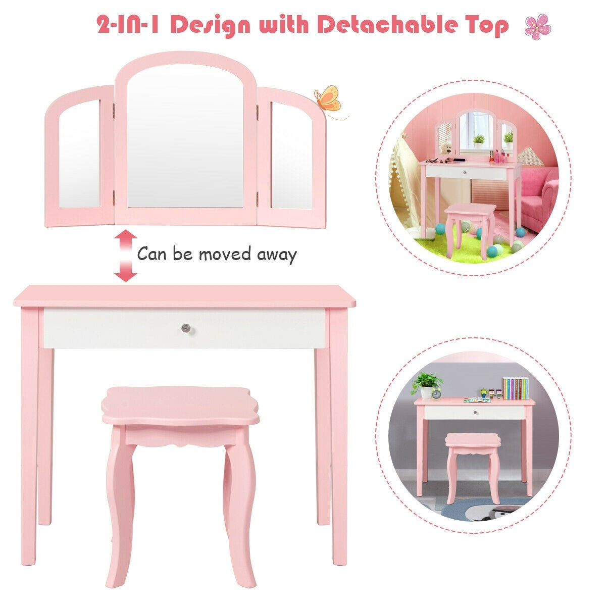 Costzon Kids Vanity Table, 2-in-1 Vanity Set with Detachable Top, Pretend Beauty Play Vanity Set for Girls