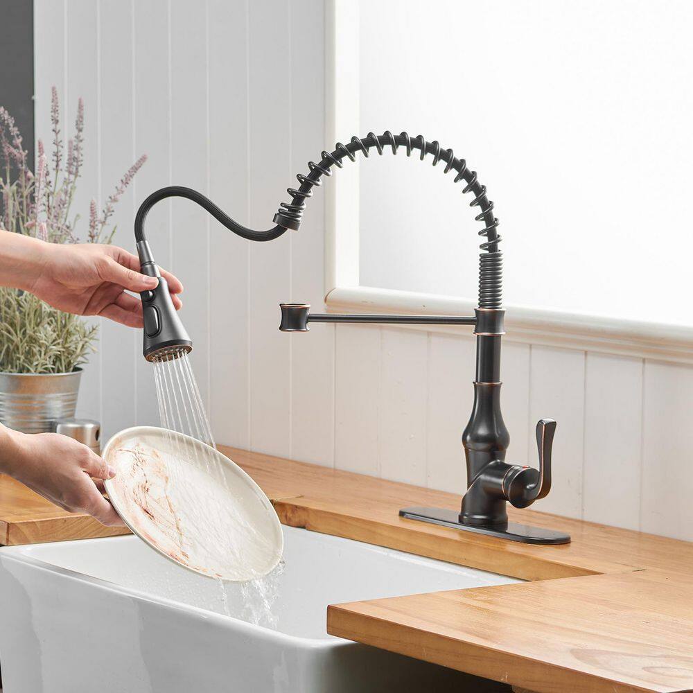 BWE Single-Handle Pull-Down Sprayer 3 Spray High Arc Kitchen Faucet With Deck Plate in Oil Rubbed Bronze A-94555-ORB