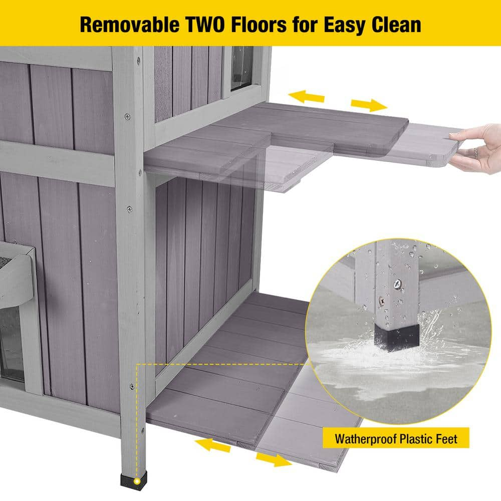 aivituvin 2-Tier Wooden Cat House with Waterproof Roof, Door Flaps AIR14-1