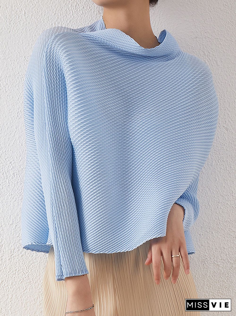 Loose Long Sleeves Pleated Solid Color High-Neck T-Shirts Tops