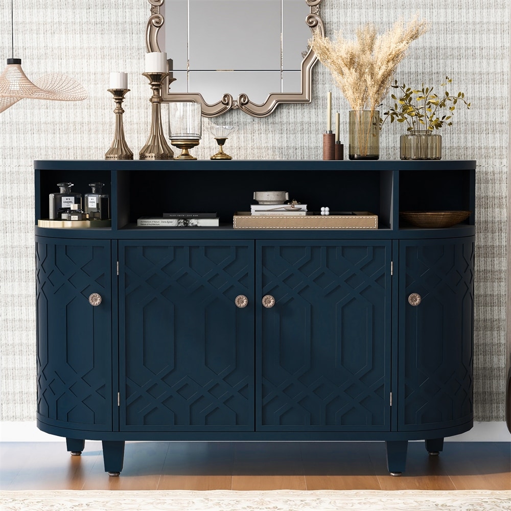 Curved Design Storage Cabinet w/ Four Doors and Adjustable Shelves