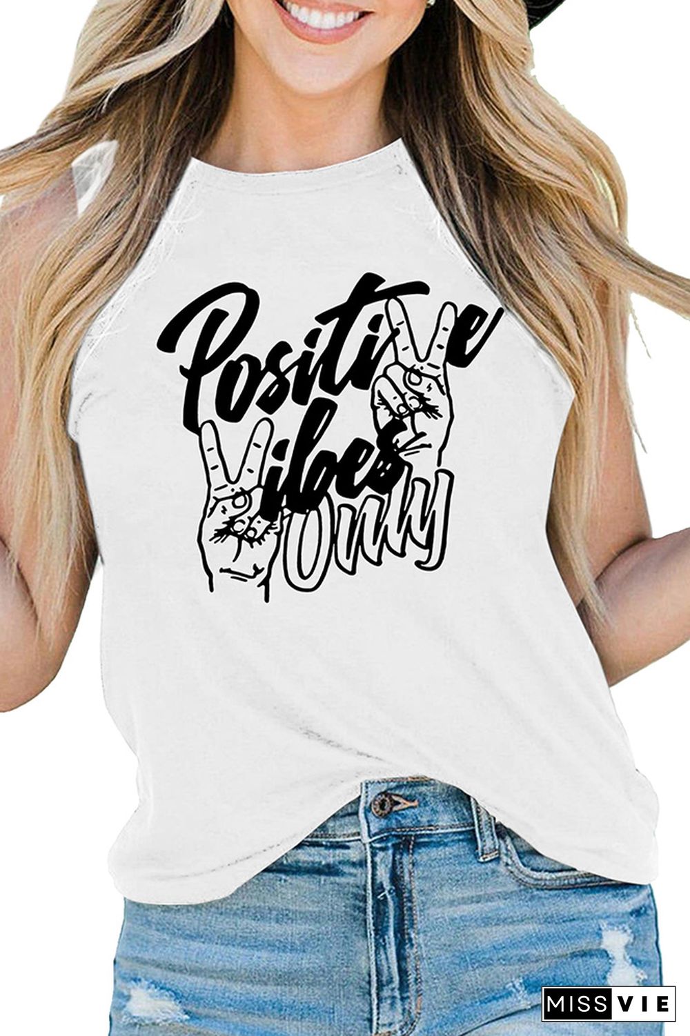 Positive Vibes Print Sleeveless Graphic Tank Top