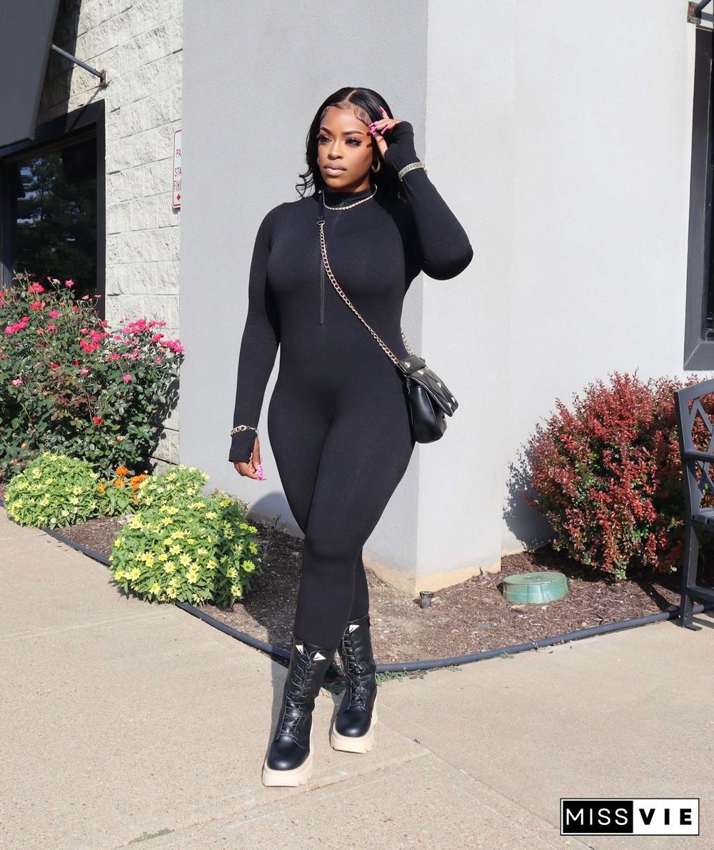 Solid Long Sleeve Skinny Fitness Jumpsuits