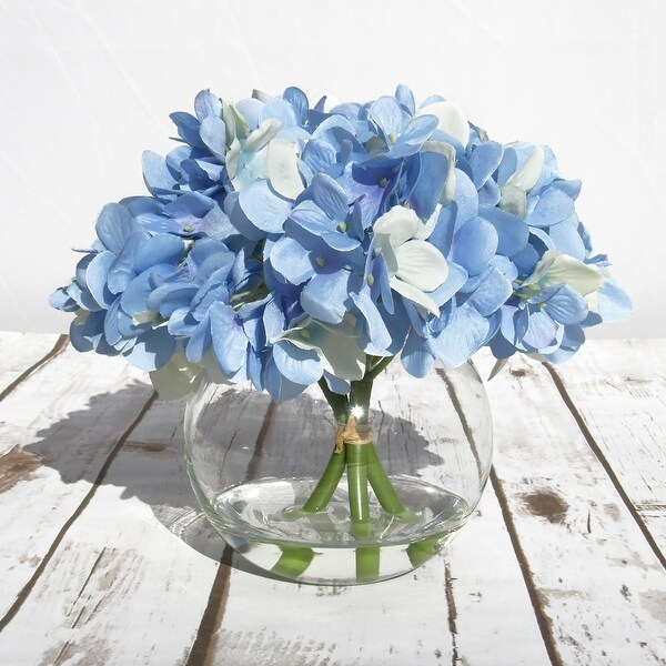 Artificial Hydrangea Flower Arrangement in Round Glass Vase 7in