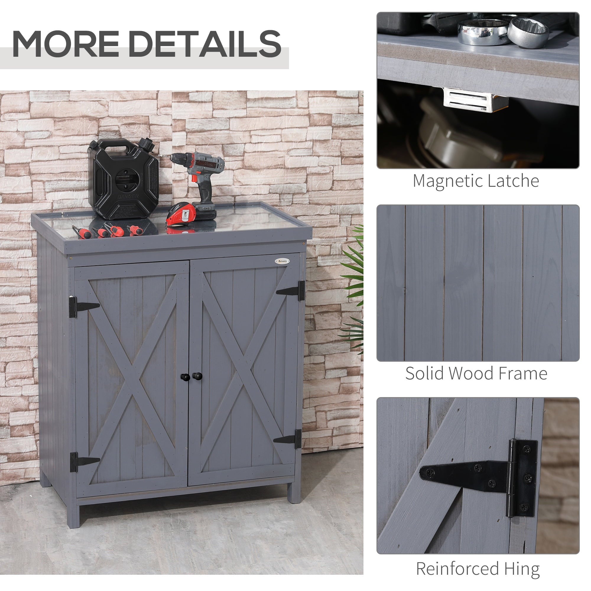 Outsunny Garden Storage Cabinet, Outdoor Fir Wood Steel Tool Shed with Galvanized Top, Grey