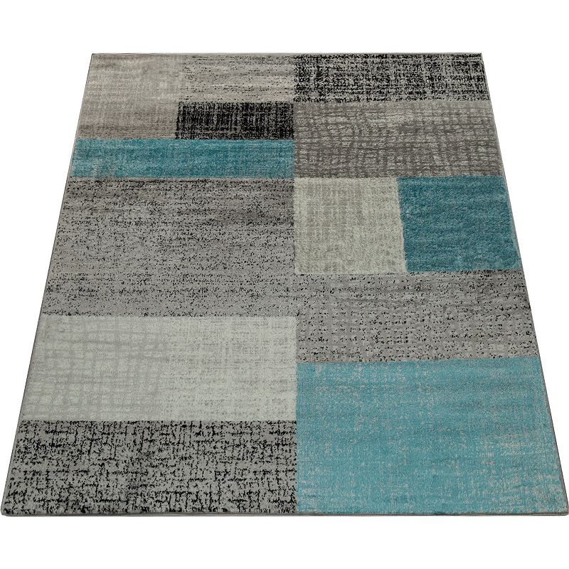 Modern Area Rug Checkered Pattern in Mottled Light Blue White