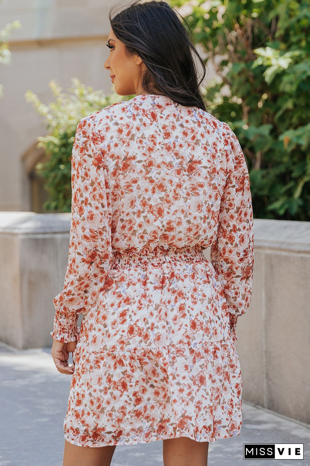 Red Shirred High Waist Floral Mini Dress