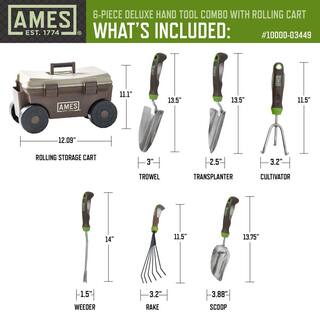 Ames 6-Piece Deluxe Hand Tool Combo and Rolling Cart Garden Tool Set 10000-03449