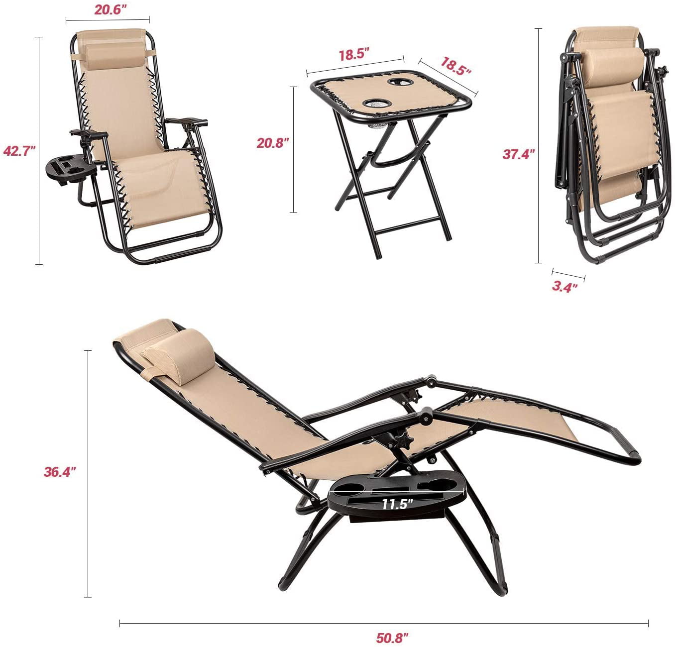 Lacoo Zero Gravity Chair Set with Table and Cup Holders Adjustable Lounge Chair for Poolside, Yard and Patio,Beige