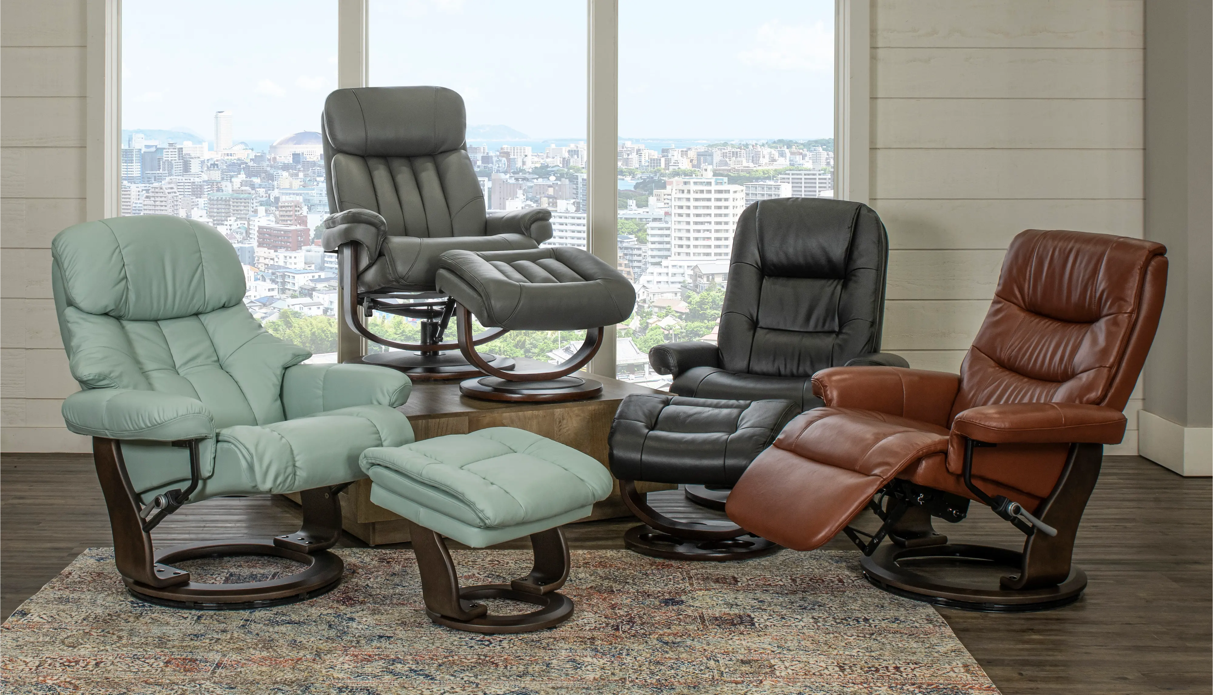 Wasatch Black Leather Swivel Recliner with Matching Ottoman