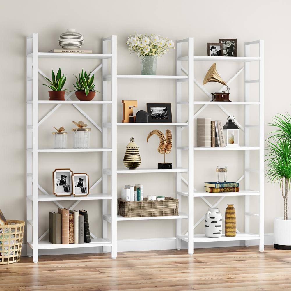 Tribesigns Earlimart 70.9 White Wood Triple Wide 5-Shelf Bookcase Industrial Etagere Large Open Bookshelf for Display TJHD-HOGA-C0292