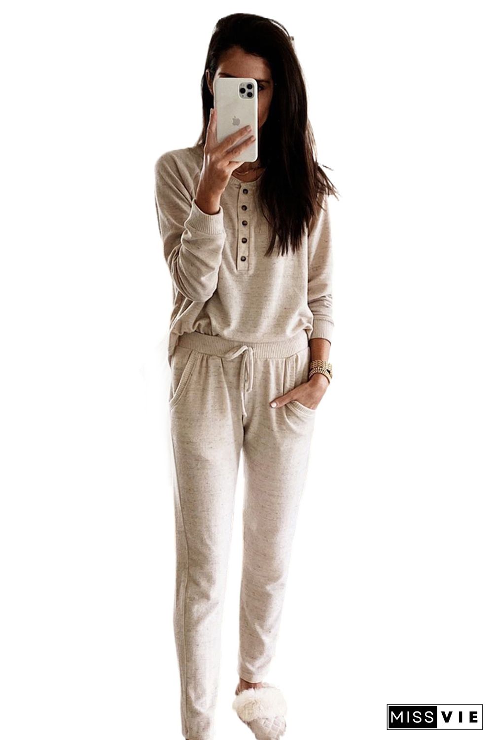 Apricot Long Sleeve Button Top and Drawstring Pants Set