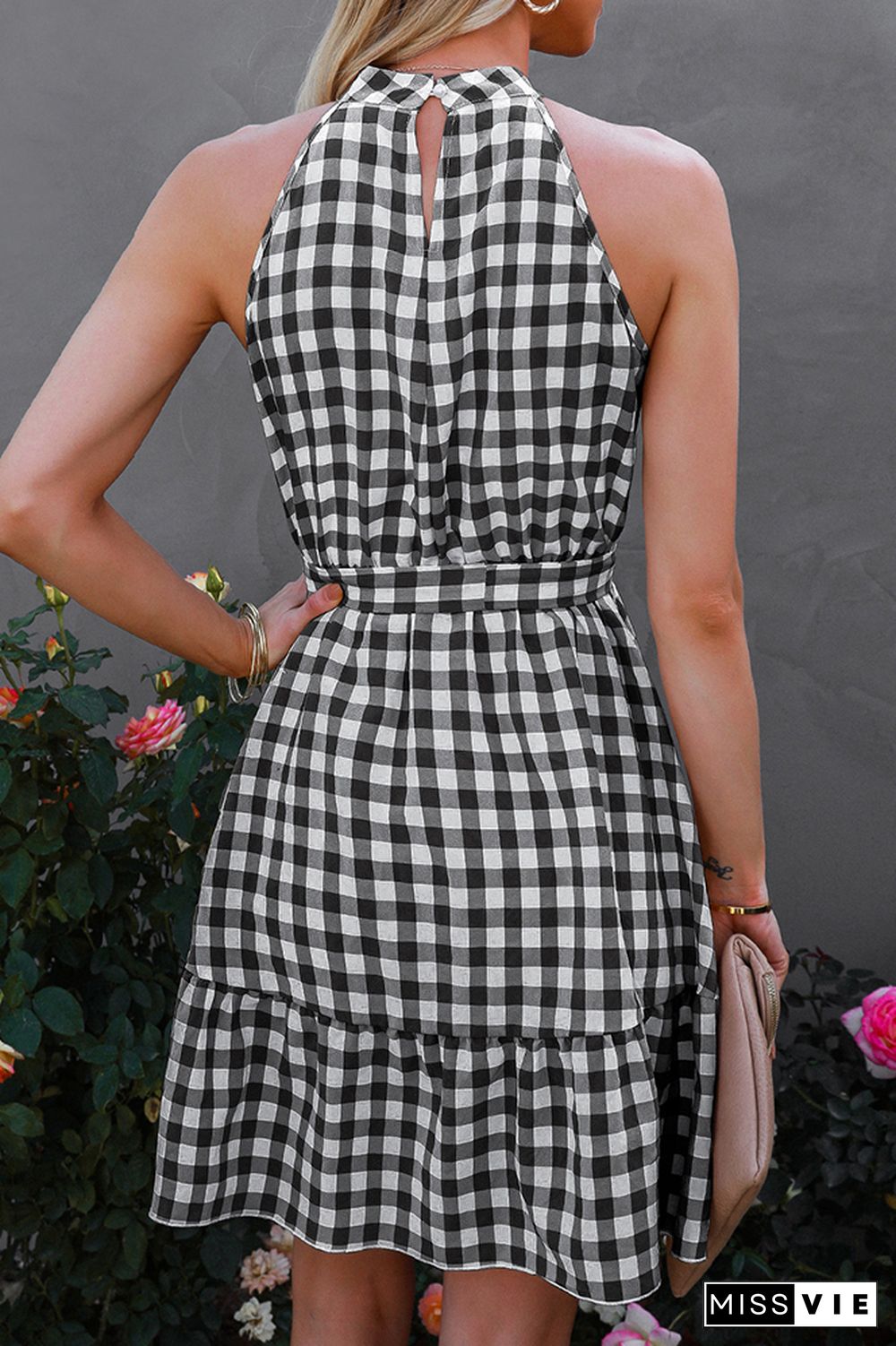 Halter Sleeveless Plaid Midi Dress Wholesale