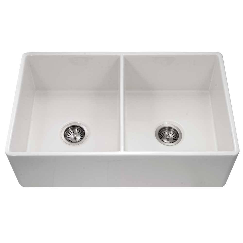 HOUZER Platus Farmhouse Apron Front Fireclay 33 in. Double Bowl Kitchen Sink in White with Dual-Mounting Options PTD-4400 WH