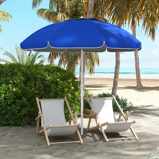 Outsunny 5 7 x27 Beach Umbrella With Cup Holders Hooks Vented Canopy Portable Outdoor Umbrella Blue