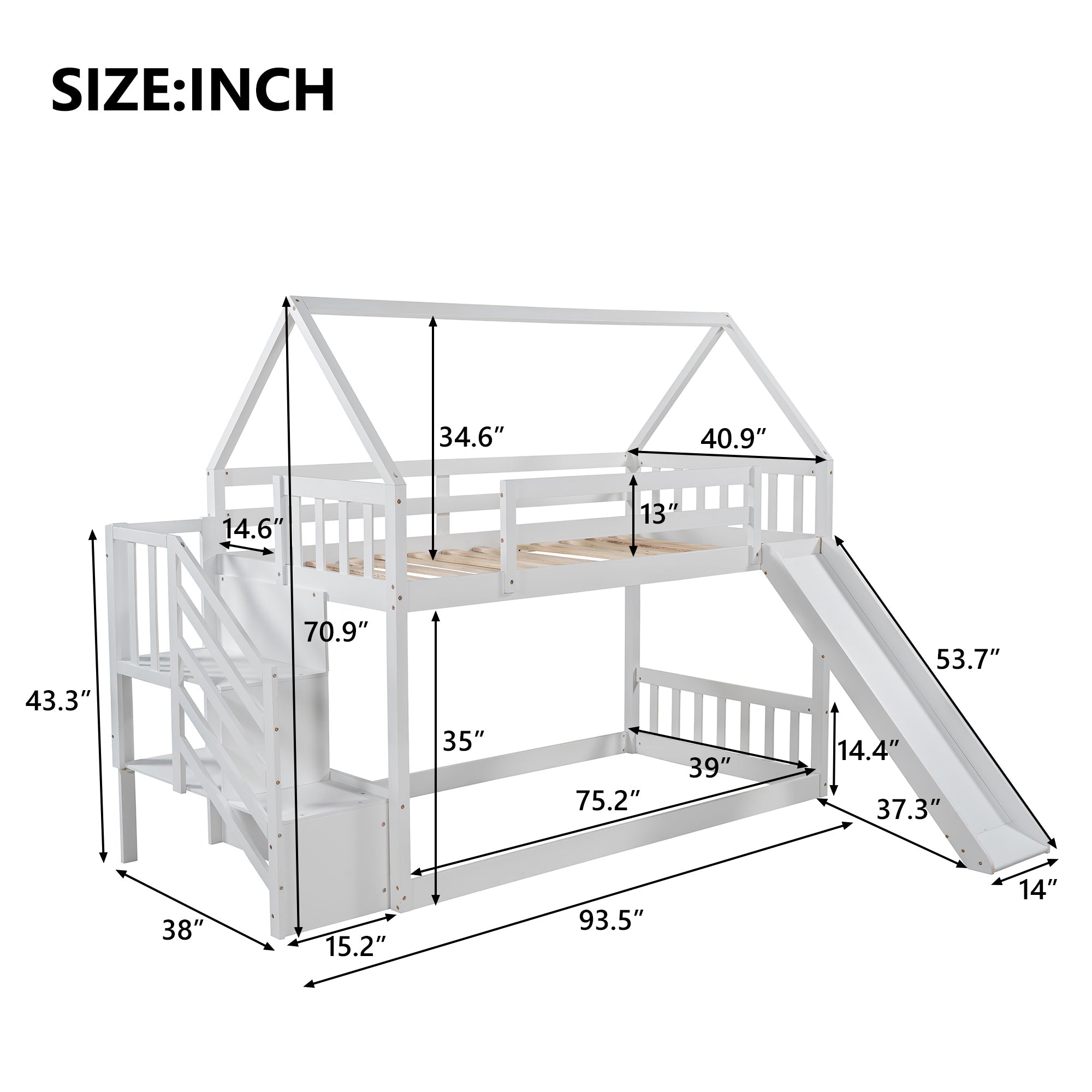 EUROCO Twin over Twin House Bunk Bed with Staircase for Kids Bedroom, White