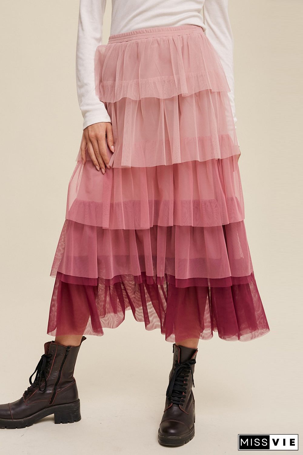 Pink Gradient Ruffle Tiered Mesh Maxi Skirt