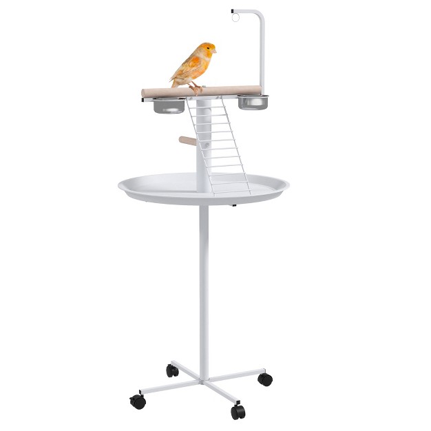 Pawhut Bird Stand Parrot Stand With Wheels Perches Stainless Steel Feed Bowls Round Tray Bird Play Stand For Indoor Outdoor White