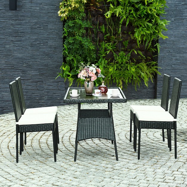 Costway 5pcs Patio Rattan Dining Set Cushioned Chair Table W glass Top Garden Furniture