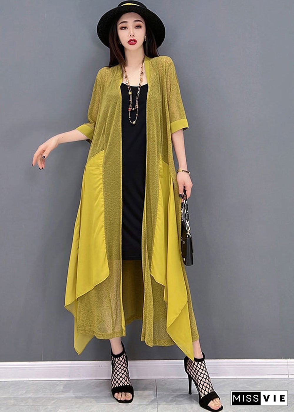 Casual Yellow Asymmetrical Design Patchwork Loose Long Cardigans Summer