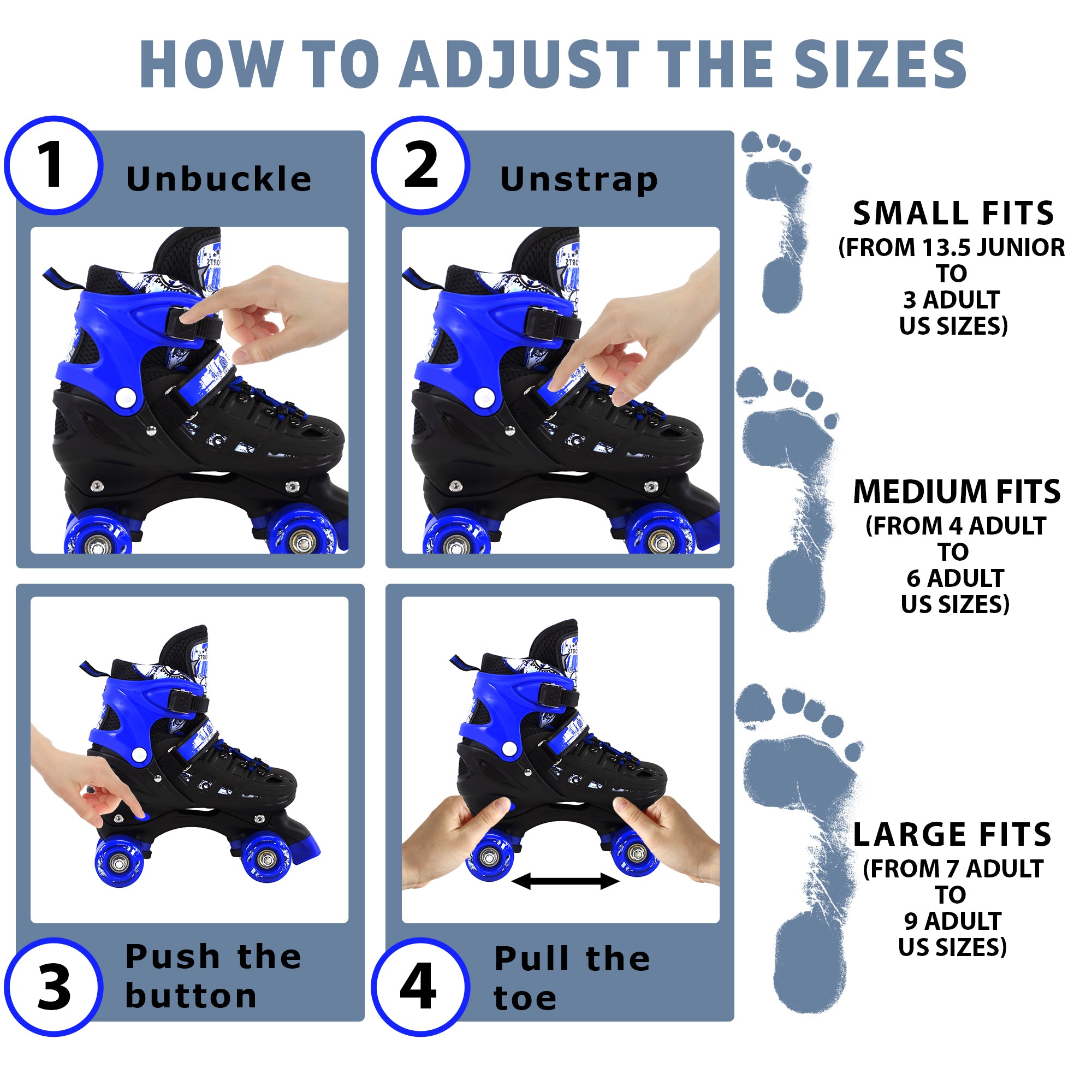 Adjustable Blue Quad Roller Skates For Kids Large Sizes