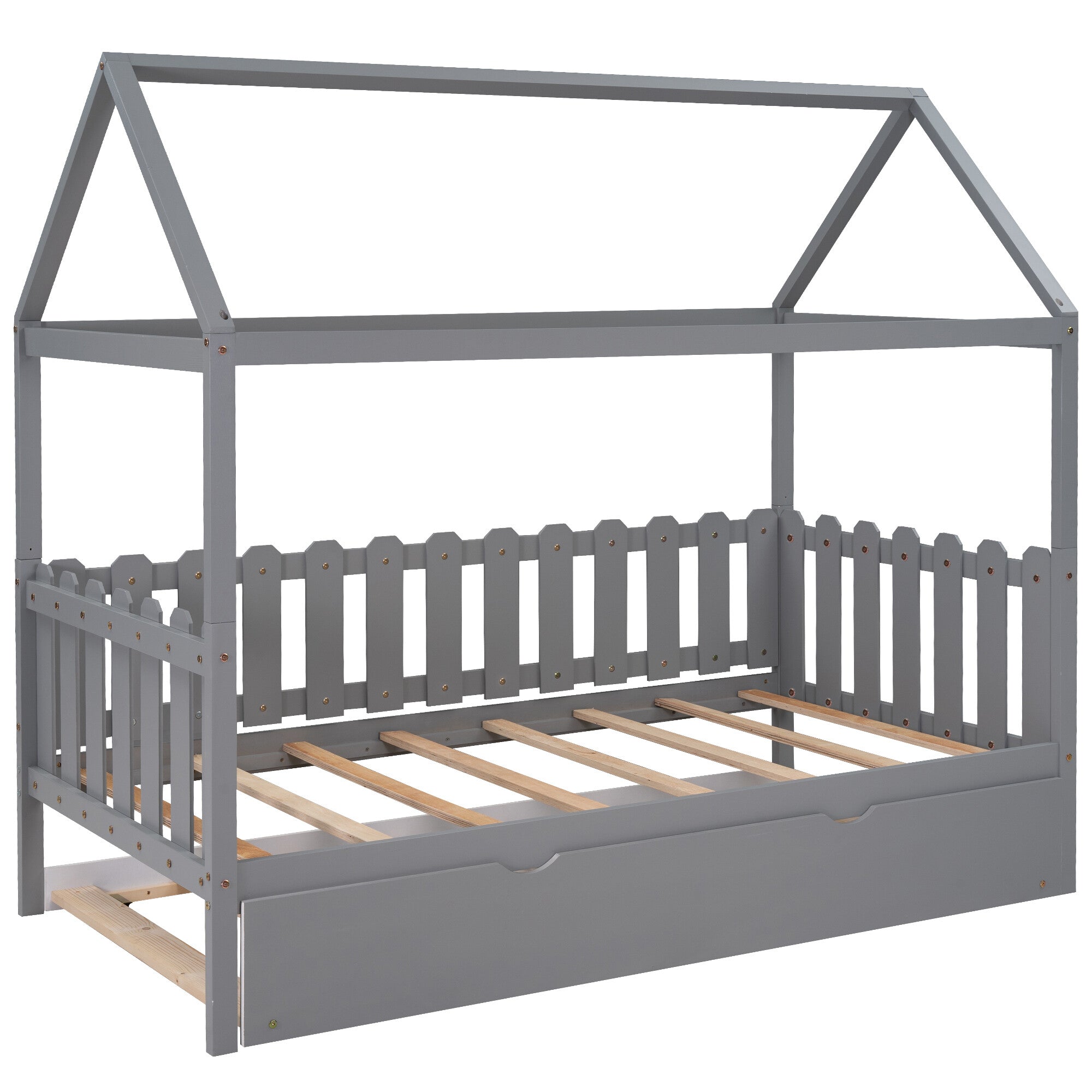 OVERDRIVE Twin Size House Bed Toddler for Kids Wood Frame with Trundle, Fence-Shaped Guardrail, Gray