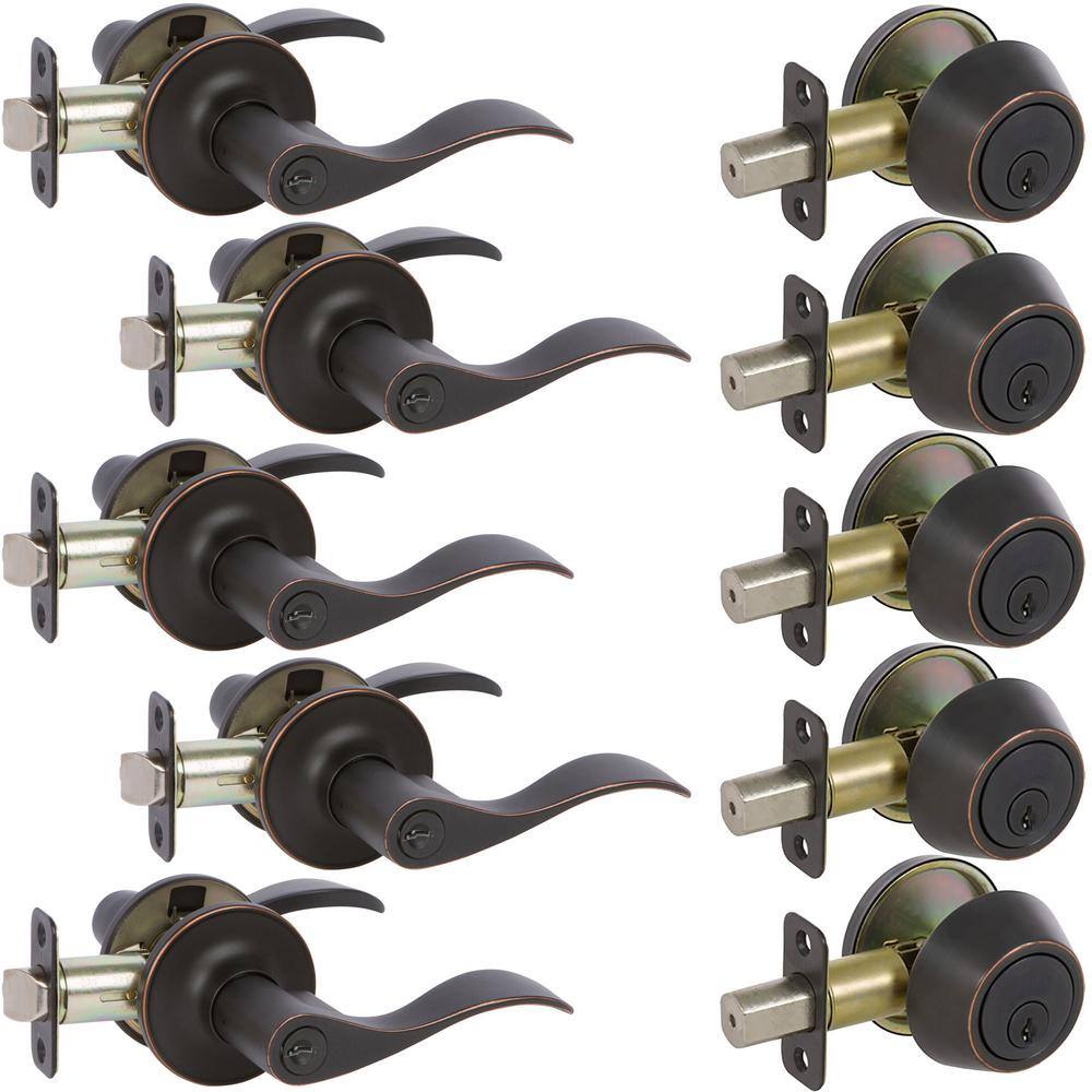 DELANEY HARDWARE 5-Bennett Edged Oil Rubbed Bronze Entry Door Handles and 5-Edged Oil Rubbed Bronze Sgl Cyl Deadbolts All Keyed Alike KIT#BN3007R-PP