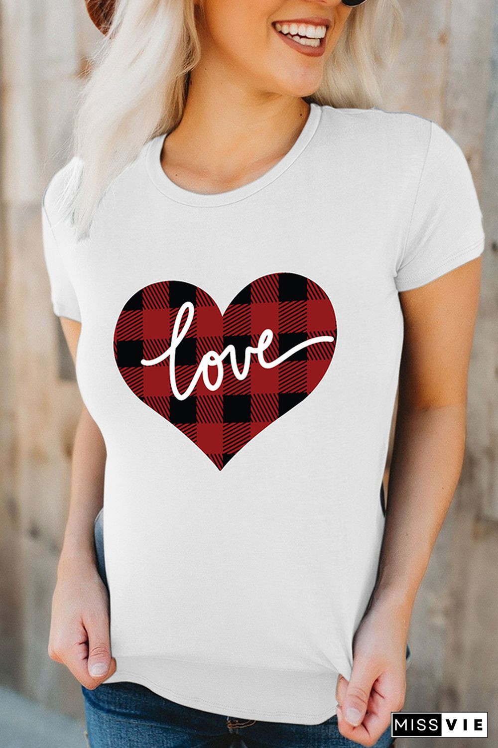 VALENTINE'S DAY Plaid Heart Graphic Tee Short Sleeve T shirts Top Wholesale