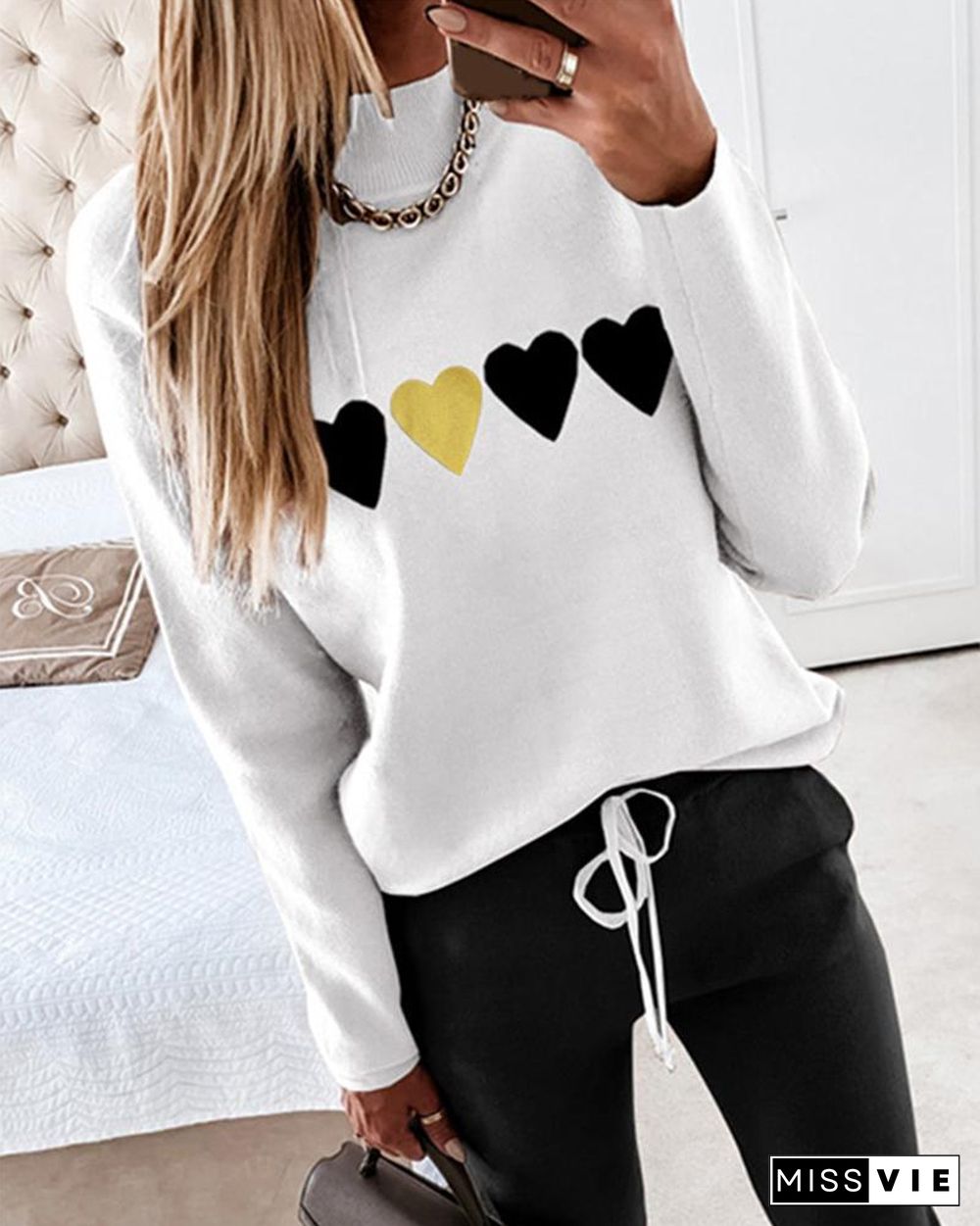 Heart Print Long Sleeve Top & Drawstring Waist Pants Set P12268