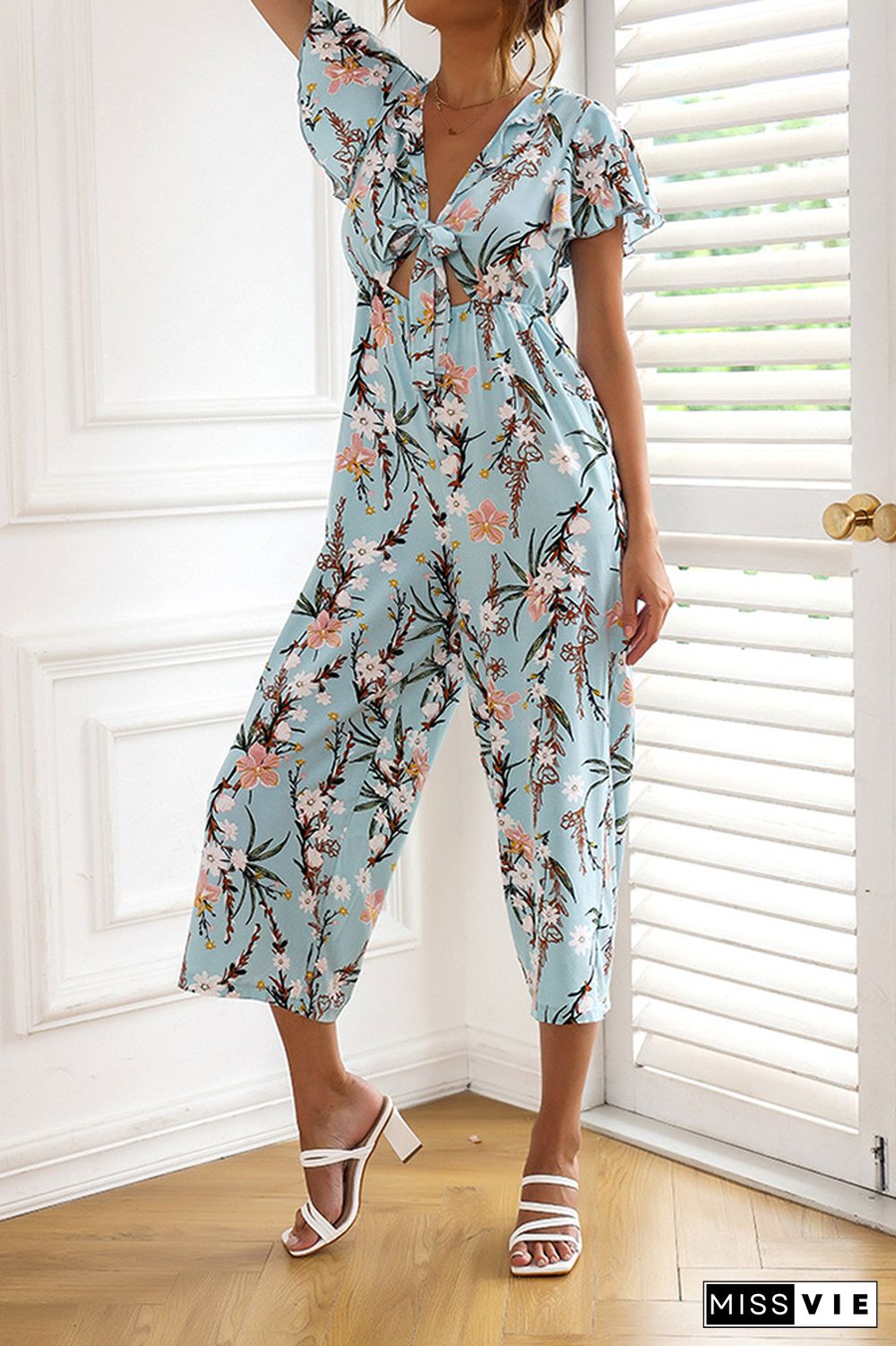 Floral Print Tie Knot Long Jumpsuit Wholesale