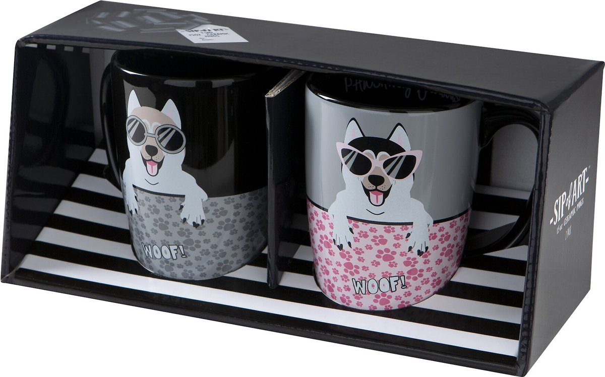 Pounce + Fetch Sip of Art Furry Friends Ceramic Coffee Mug Set， 15-oz， Style Varies