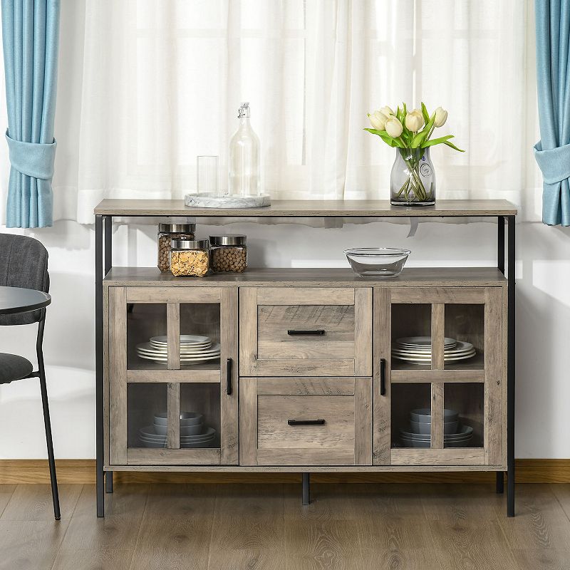 HOMCOM Rustic Kitchen Sideboard Serving Buffet Storage Cabinet with Adjustable Shelves Glass Doors and 2 Drawers for Living Room Grey