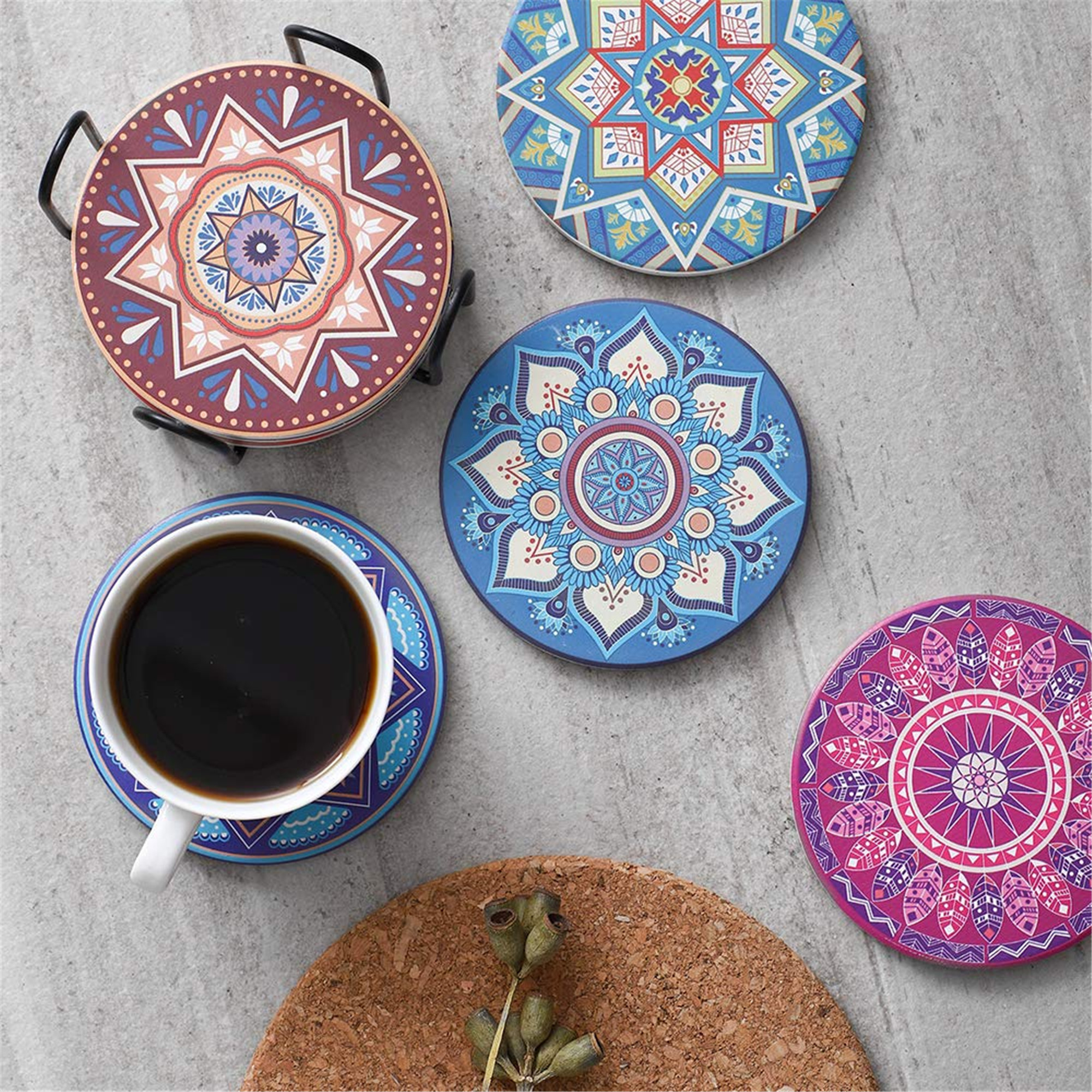 Patiofeel 8 Packs Absorbent Drink Coaster Sets， Mandala Style Ceramic Coasters with Holder， 4 Inches Coasters for Drinks with Cork Base，Ideal Thanksgiving and Housewarming Gifts