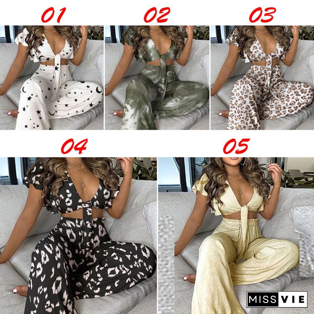 Women Summer Print Crop Top Sleeveless Wide Leg Pants Suit Two Piece Set High Waist Outfit Casual Beach