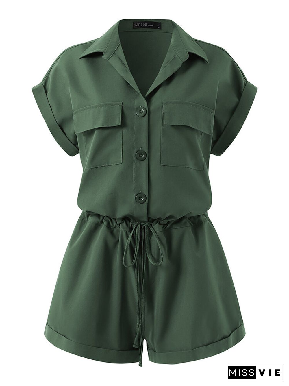 Solid Button Pocket Drawstring Lapel Romper