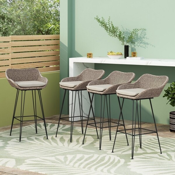 Verano Wicker and Metal Outdoor Barstools with Cushion， Set of 4， Mixed Brown and Beige