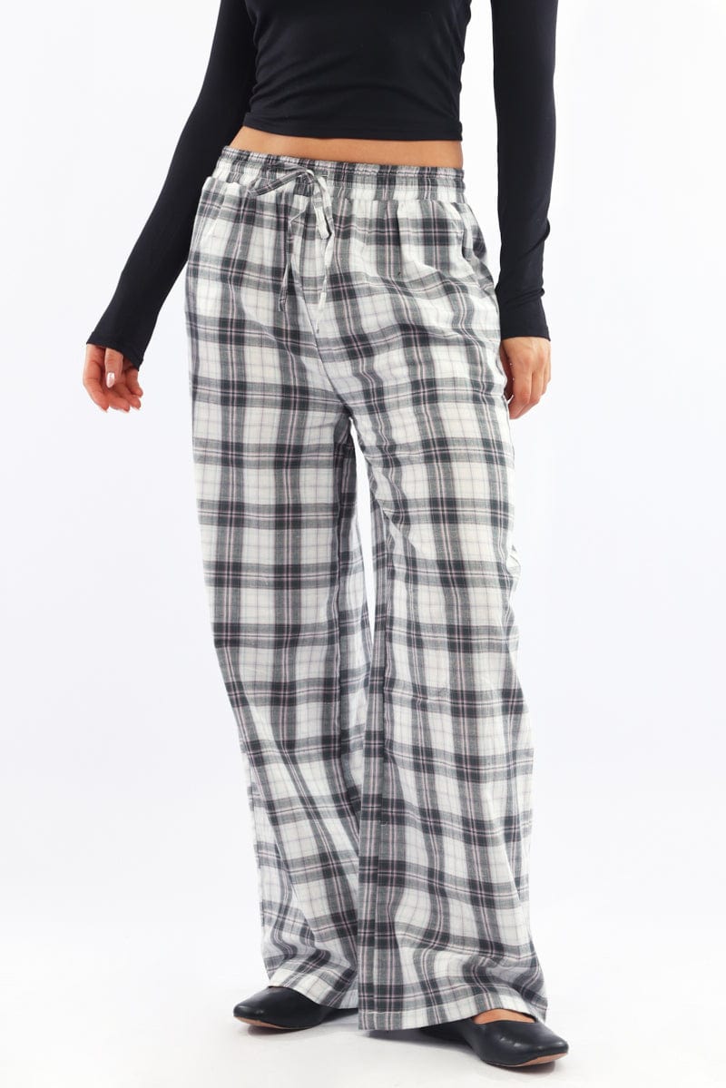 Multi Check Wide Leg Pants Elasticated Waist
