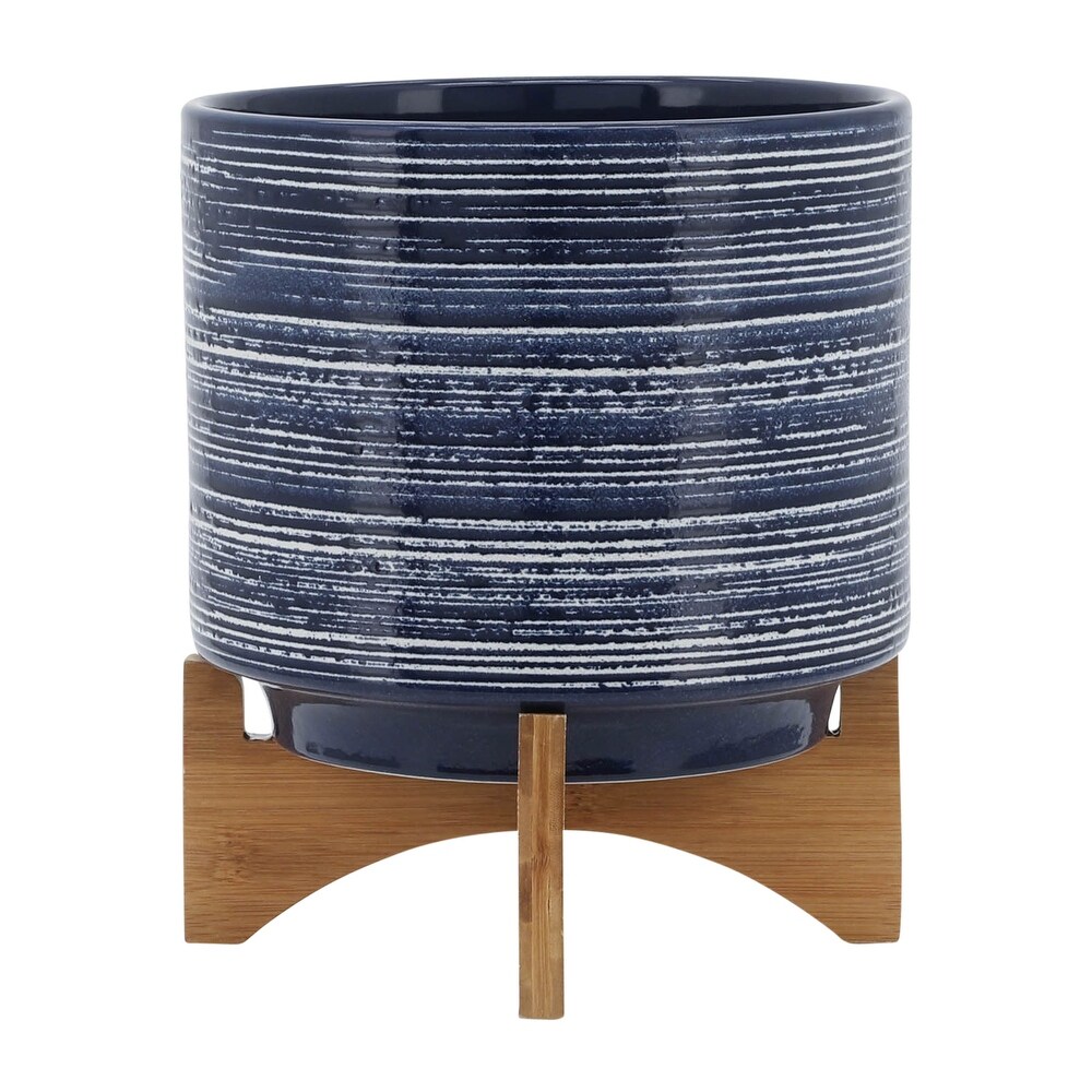 Blue with White Stripes Handmade Ceramic Planter with Wood Stand   9.75\